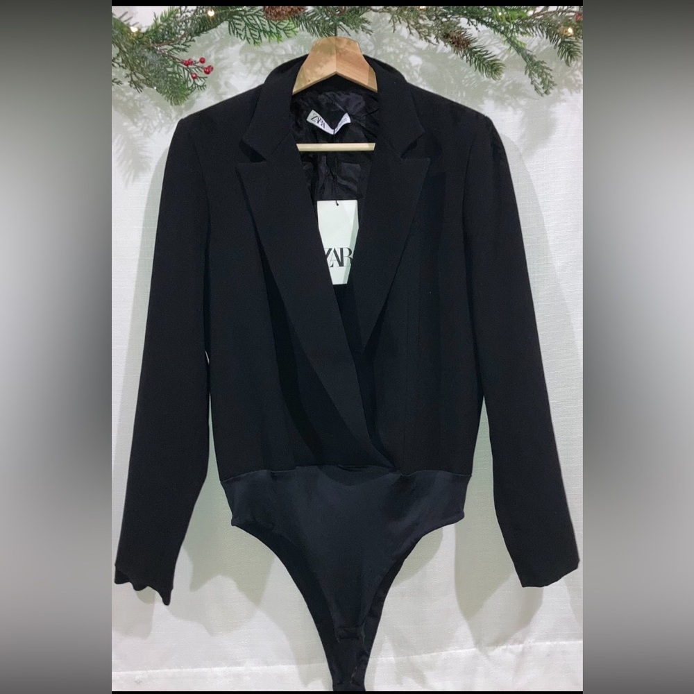 ZARA; size M, black tuxedo, plunging neck, collar, long sleeve, bodysuit, NWT